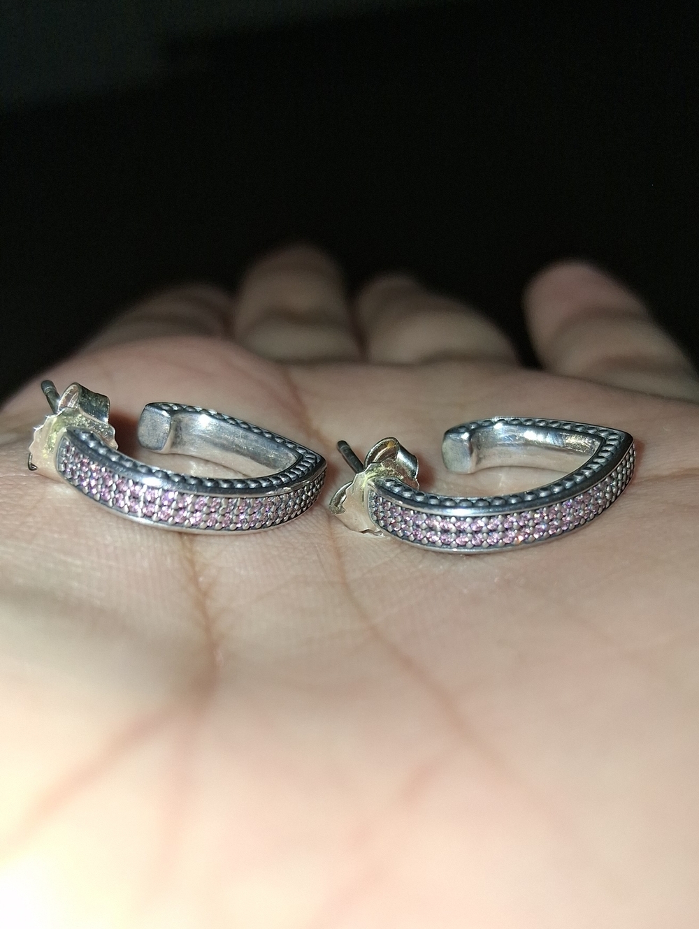 Pandora "You & Me" Fuchsia CZ Heart Hoop Sterling Silver Earrings